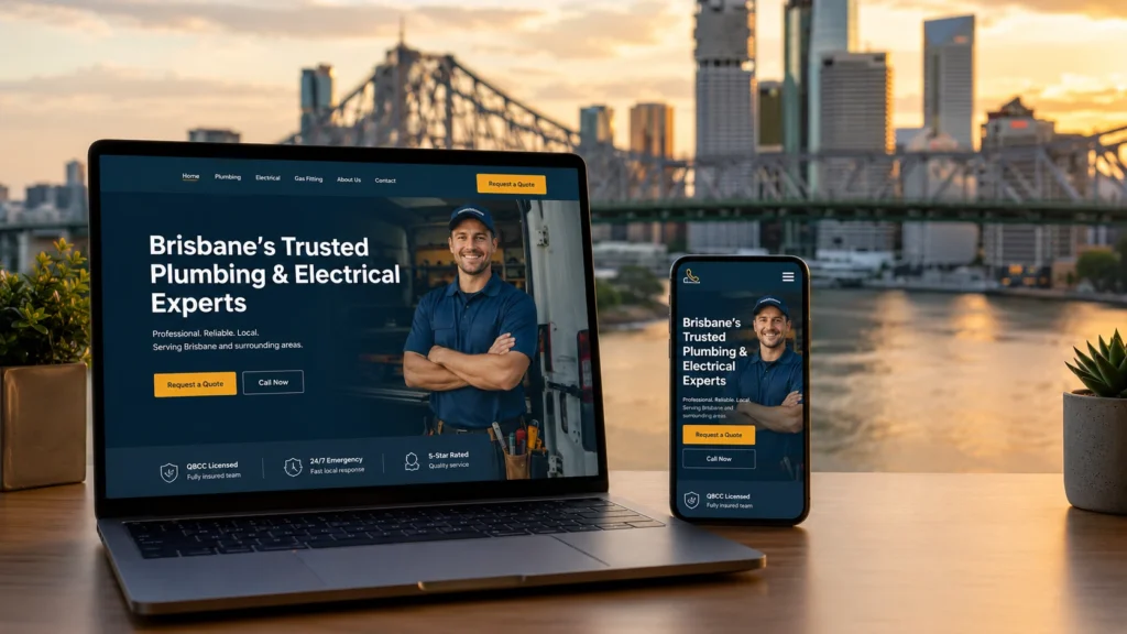 Laptop and smartphone showing a modern website mockup against the Brisbane skyline and Story Bridge — example of professional web design brisbane businesses can commission from Vebrixa