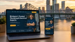 Laptop and smartphone showing a modern website mockup against the Brisbane skyline and Story Bridge — example of professional web design brisbane businesses can commission from Vebrixa