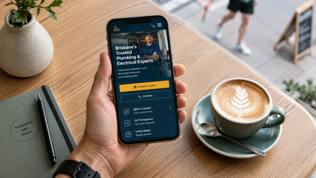 Hand holding a smartphone displaying a mobile-responsive small business website at a Brisbane café table