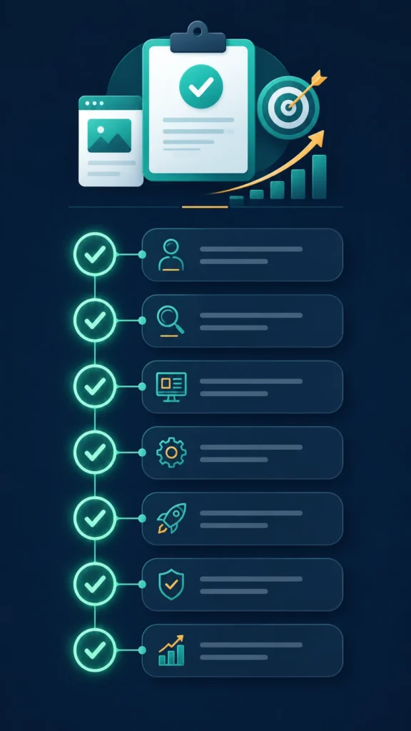 Vertical checklist graphic with seven green ticks representing the key steps for choosing a Brisbane web designer