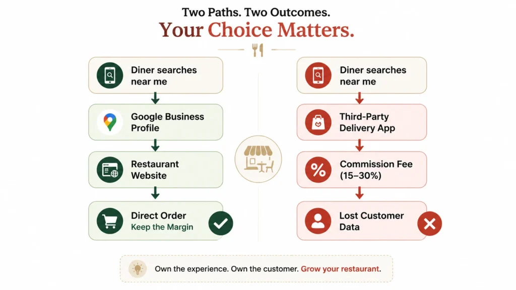 contrasted with the third-party detour where commission and customer data leak away