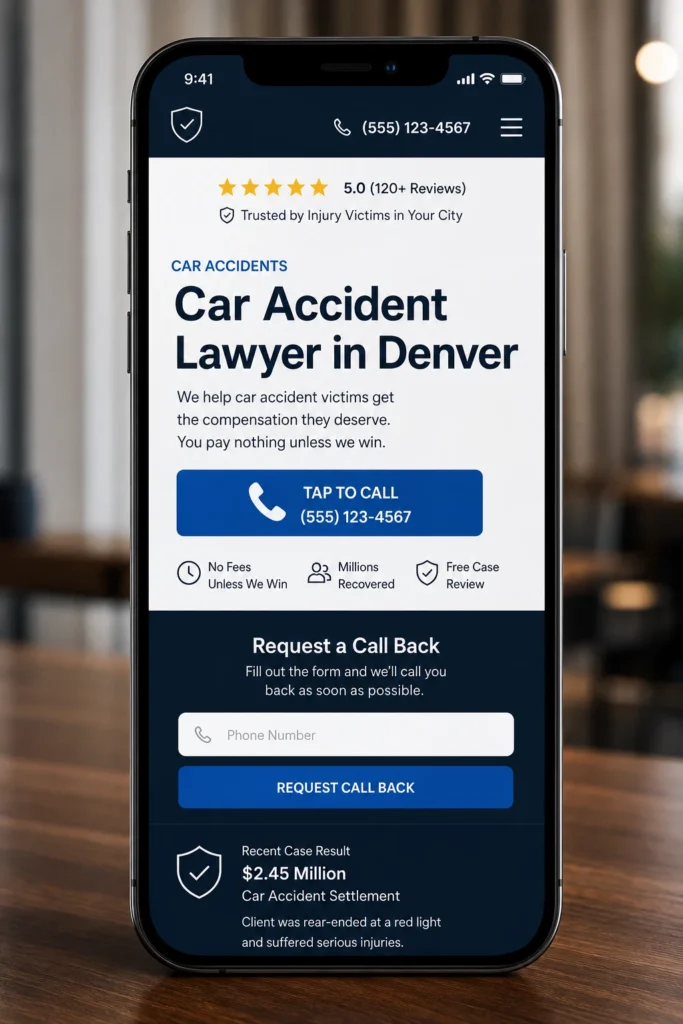 mobile phone mockup showing a law firm practice area page with review stars, a tap-to-call button, and a one-field request a call back form.