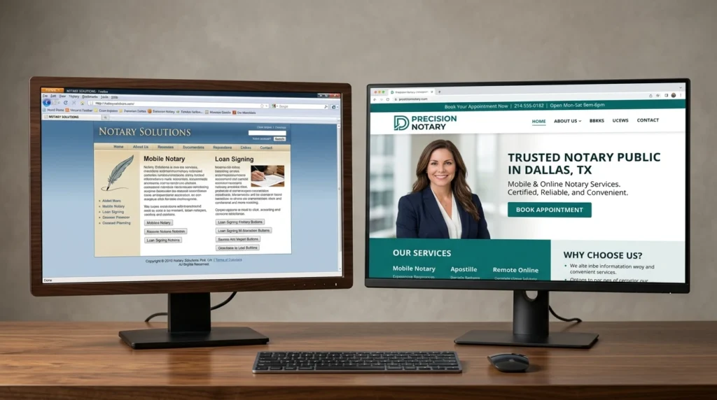 Comparison of outdated vs modern notary public website design in Dallas Texas