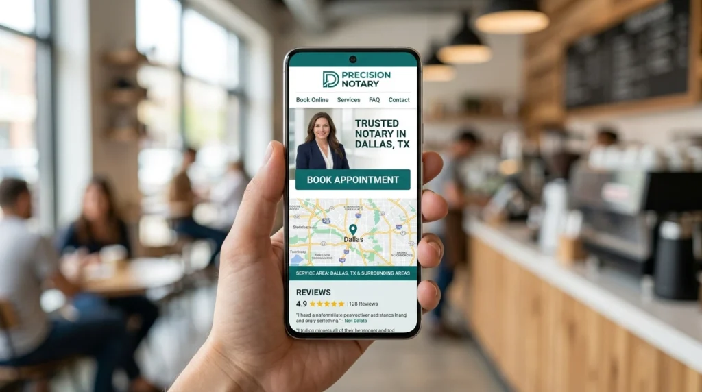Mobile-optimized notary public website on smartphone showing booking button in Dallas Texas