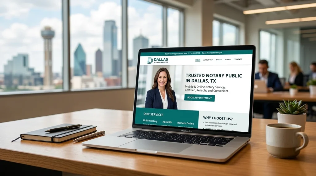Best website design for notary public in Dallas Texas - professional website on laptop screen with teal design