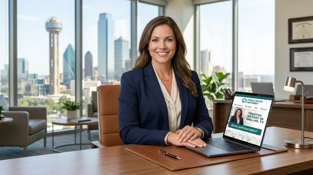 Professional Dallas notary public with laptop displaying their custom website design